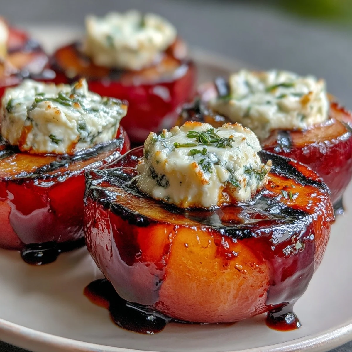 Sweet grilled plums topped with creamy goat cheese and a drizzle of balsamic glaze.