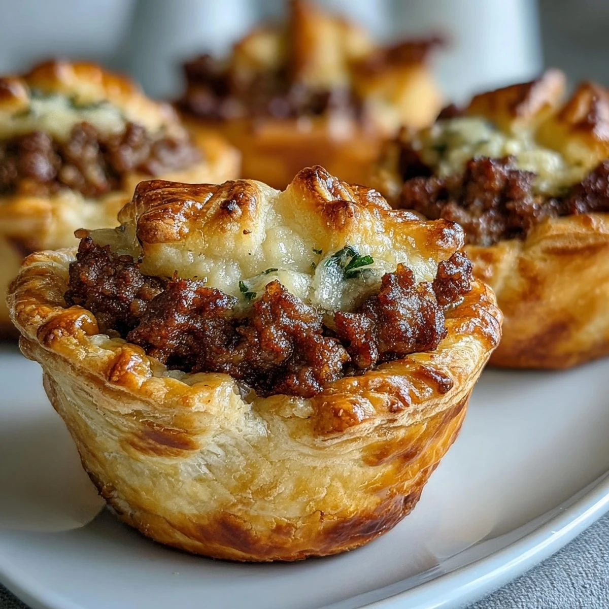 Golden-brown Mini Beef Tourtières with flaky cream cheese pastry, dusted with flour and ready to bake on a tray.