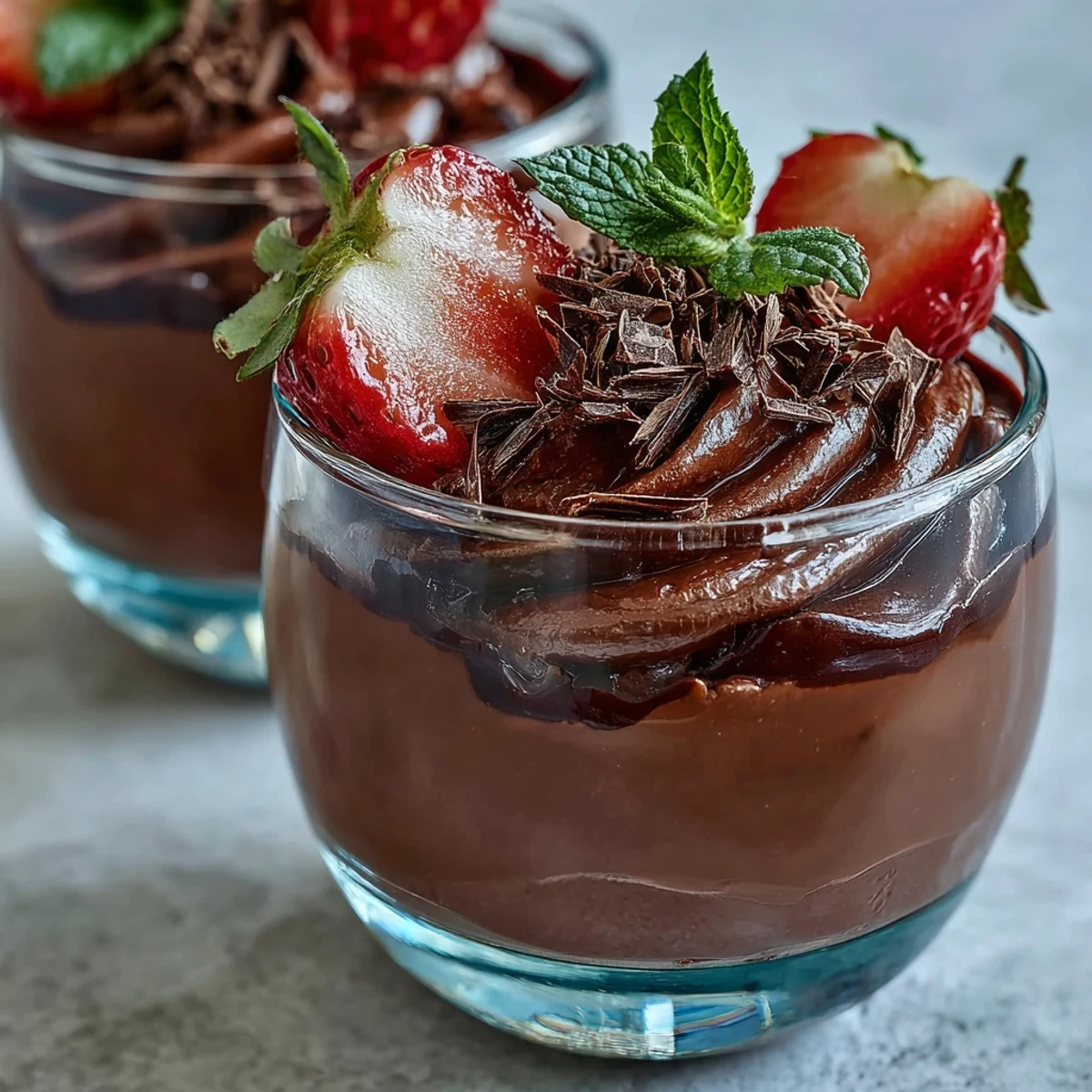 A close-up of chocolate-covered strawberry mousse in a glass, showing smooth ganache and a pink strawberry layer.  