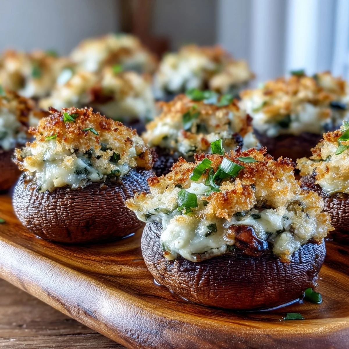 Golden-brown Stuffed Asiago-Basil Mushrooms arranged on a white serving platter, ready to be enjoyed as a savory appetizer.