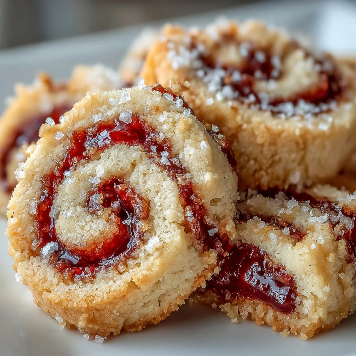 Buttery shortbread cookies with vibrant raspberry swirls, lightly dusted with sugar on a white plate.