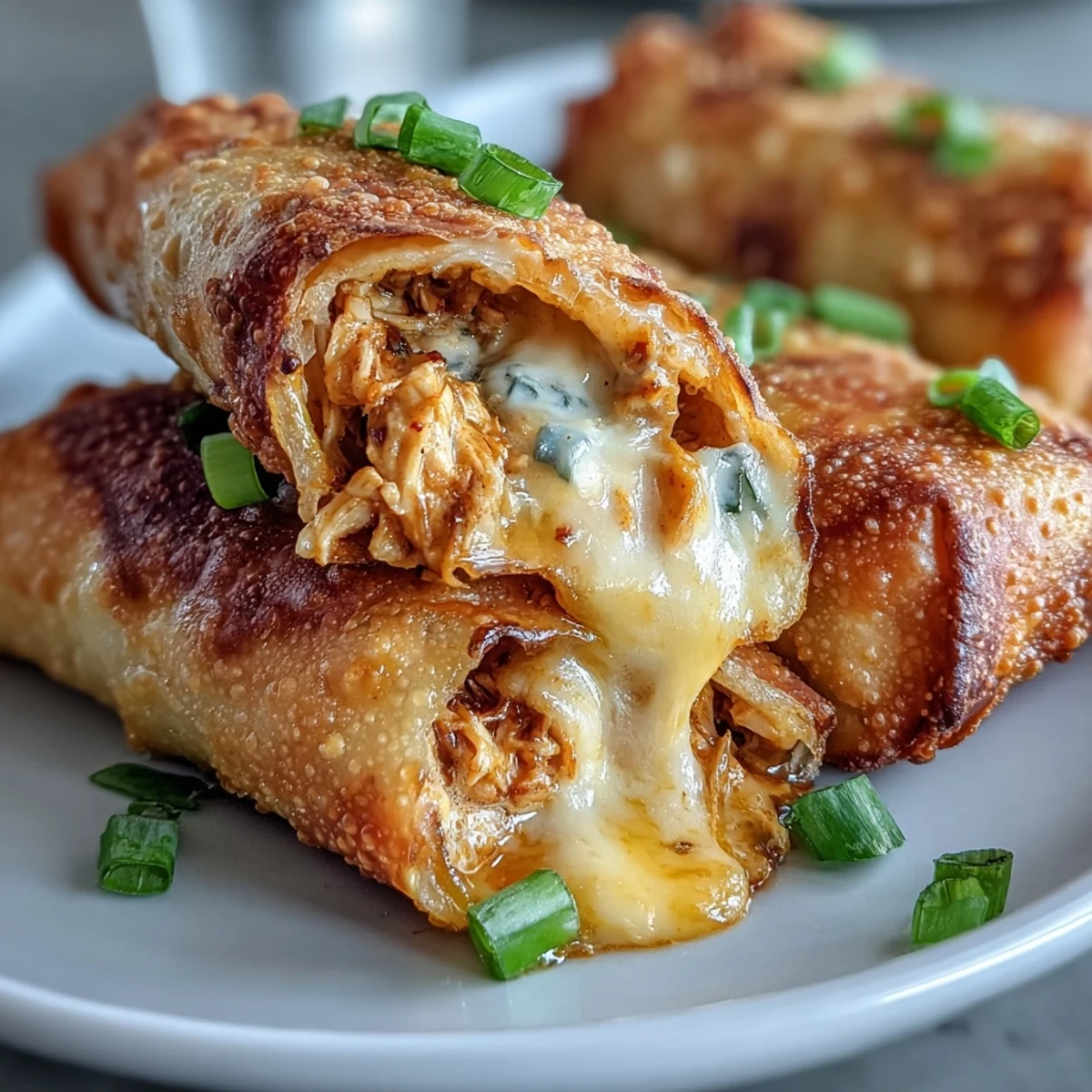 Golden, crunchy Buffalo Chicken Dip Egg Rolls are presented upright on a wooden platter, with a small bowl of creamy ranch dipping sauce and crisp celery sticks on the side.