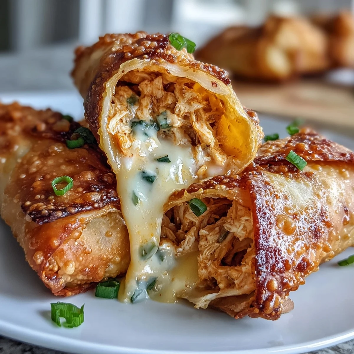 Freshly baked Buffalo Chicken Dip Egg Rolls are arranged on a rustic serving board, garnished with finely chopped green onions and a side of zesty buffalo sauce.