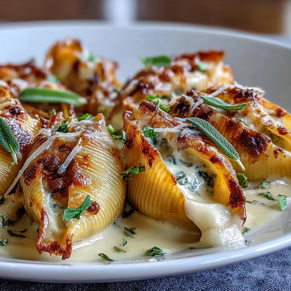 Baked Pumpkin & Gouda Stuffed Shells in a creamy brown butter Alfredo sauce, topped with crispy sage leaves.