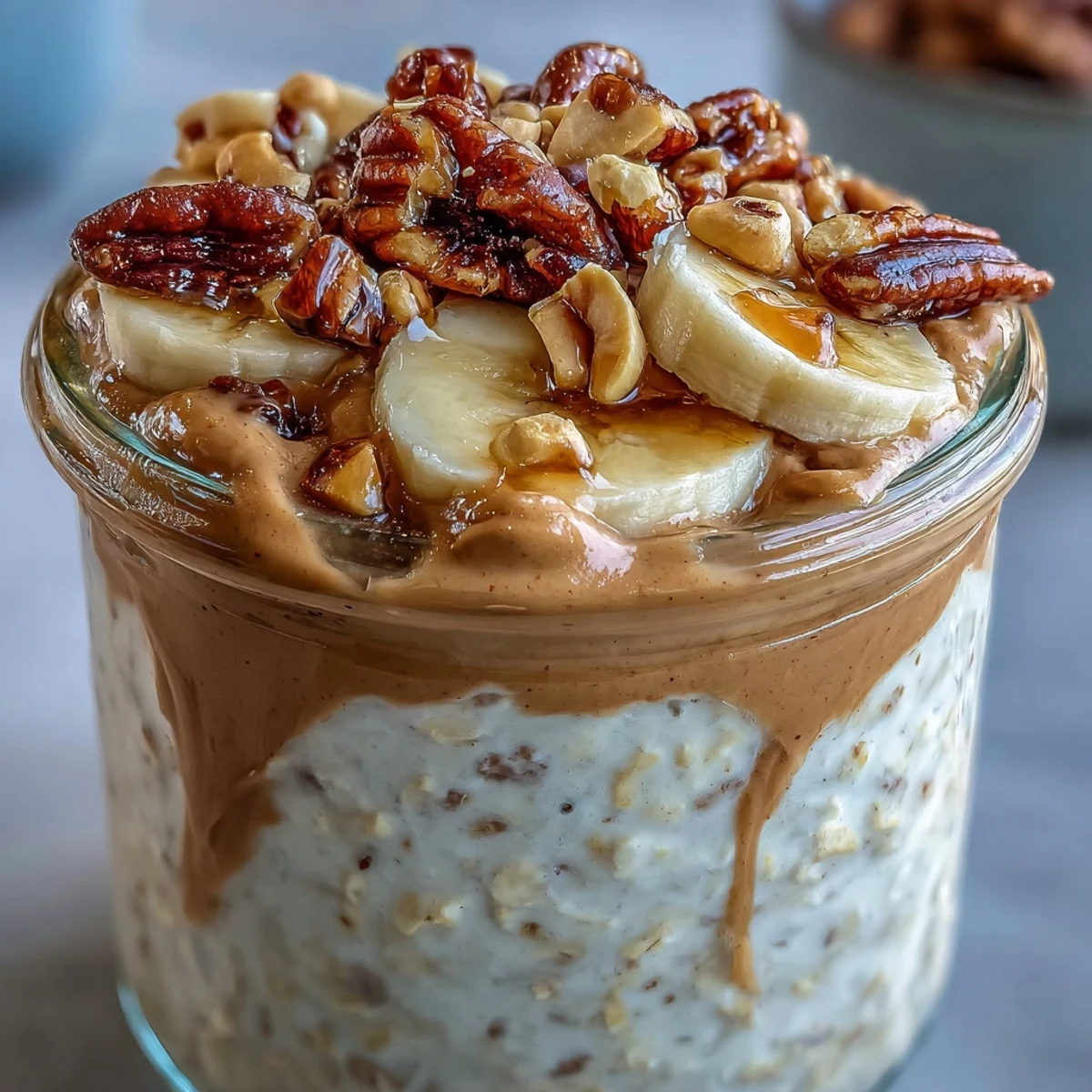 High-Protein Peanut Butter Overnight Oats layered with Greek yogurt and chia seeds, ready to grab and eat.