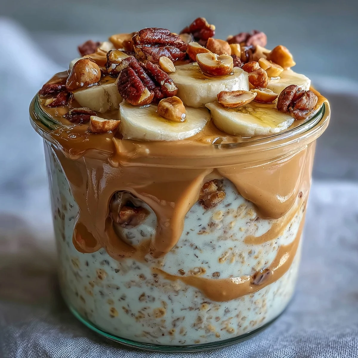 A spoonful of thick peanut butter drizzled with honey sits atop creamy High-Protein Peanut Butter Overnight Oats.