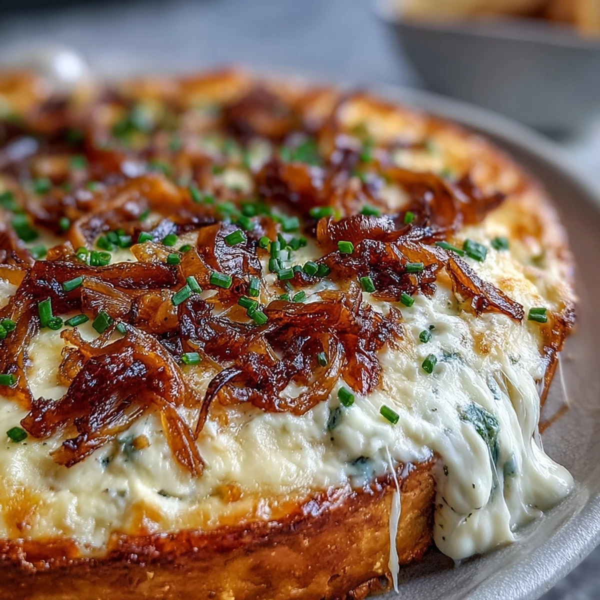 Warm Smoked Gouda & Onion Dip bubbling in a dish next to crunchy tortilla chips for dipping.