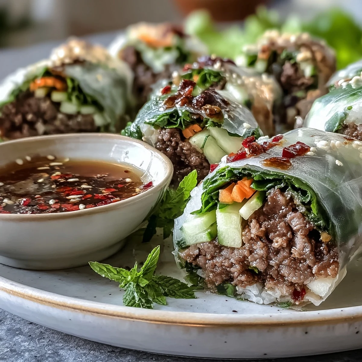 Thai Basil Beef Rolls filled with savory ground beef, crisp vegetables, fresh herbs, and rice noodles, served with a spicy dipping sauce on the side.