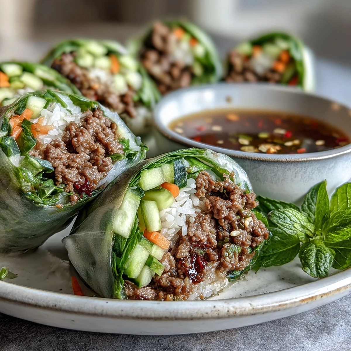 Overhead view of sliced Thai Basil Beef Rolls arranged on a platter with extra herbs and limes, perfect for a light lunch or appetizer.