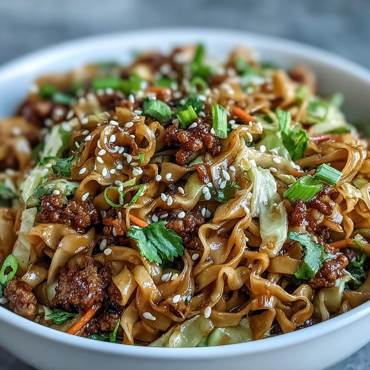 Steaming Potsticker Noodle Bowls feature rice noodles topped with seasoned pork and crisp cabbage in a savory sauce.