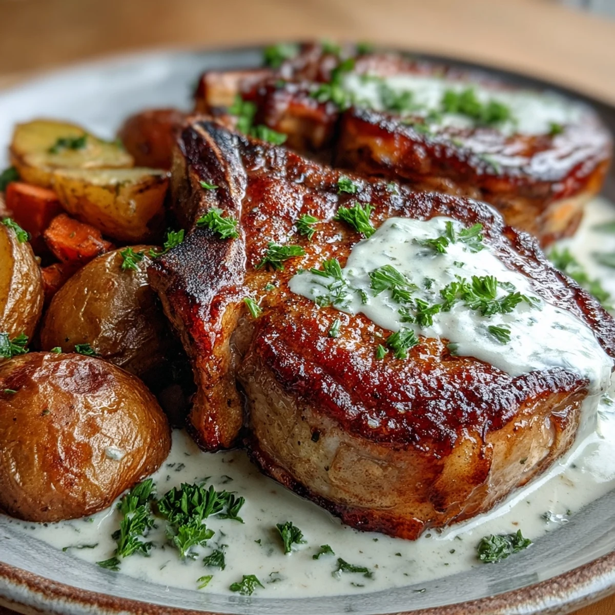 Golden-seared Crockpot Ranch Pork Chops in a velvety ranch sauce, paired with carrots and potatoes for an easy weeknight dinner.
