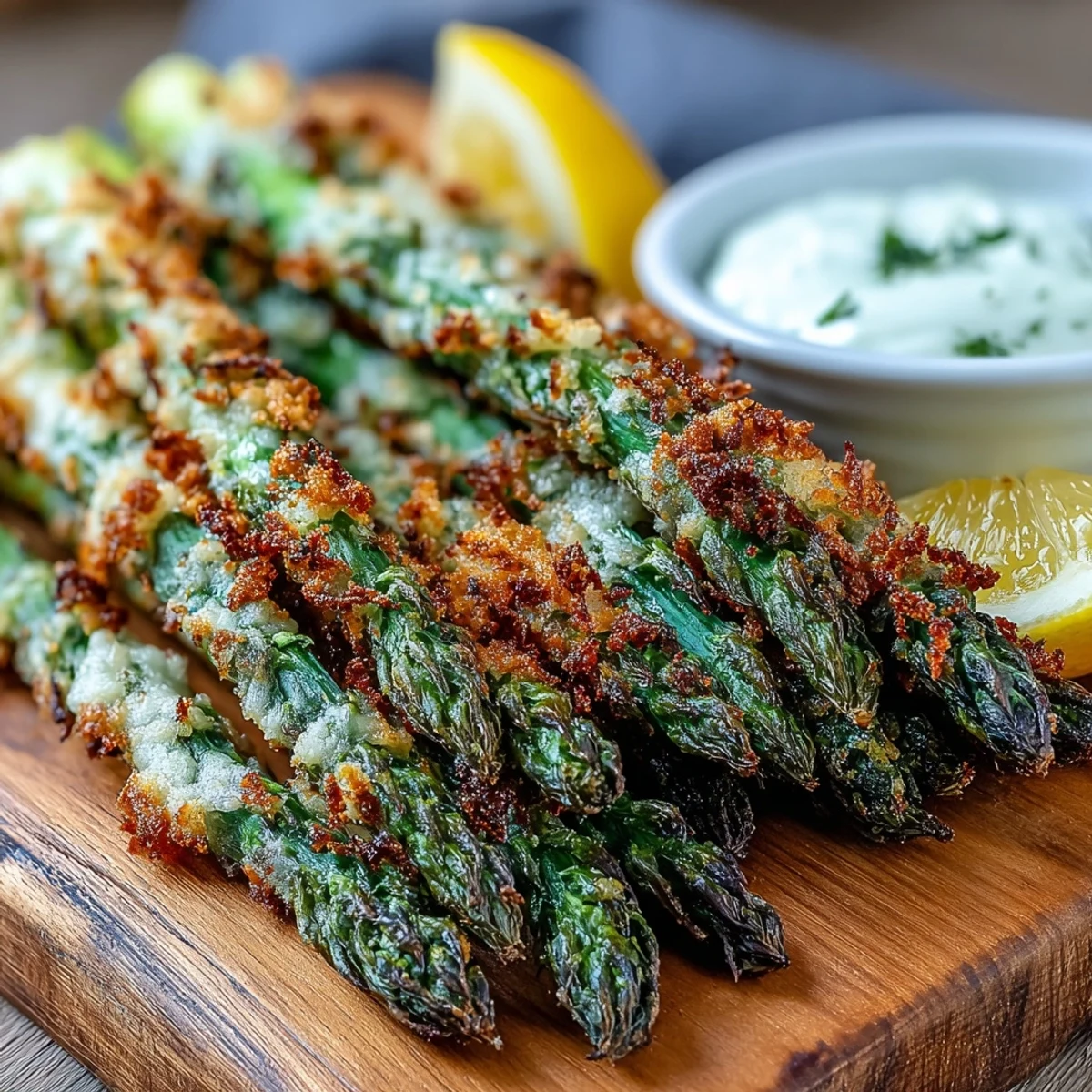 Close-up shot of Crispy Asparagus Asiago Spears highlighting the golden, cheesy breading and tender green asparagus tips.