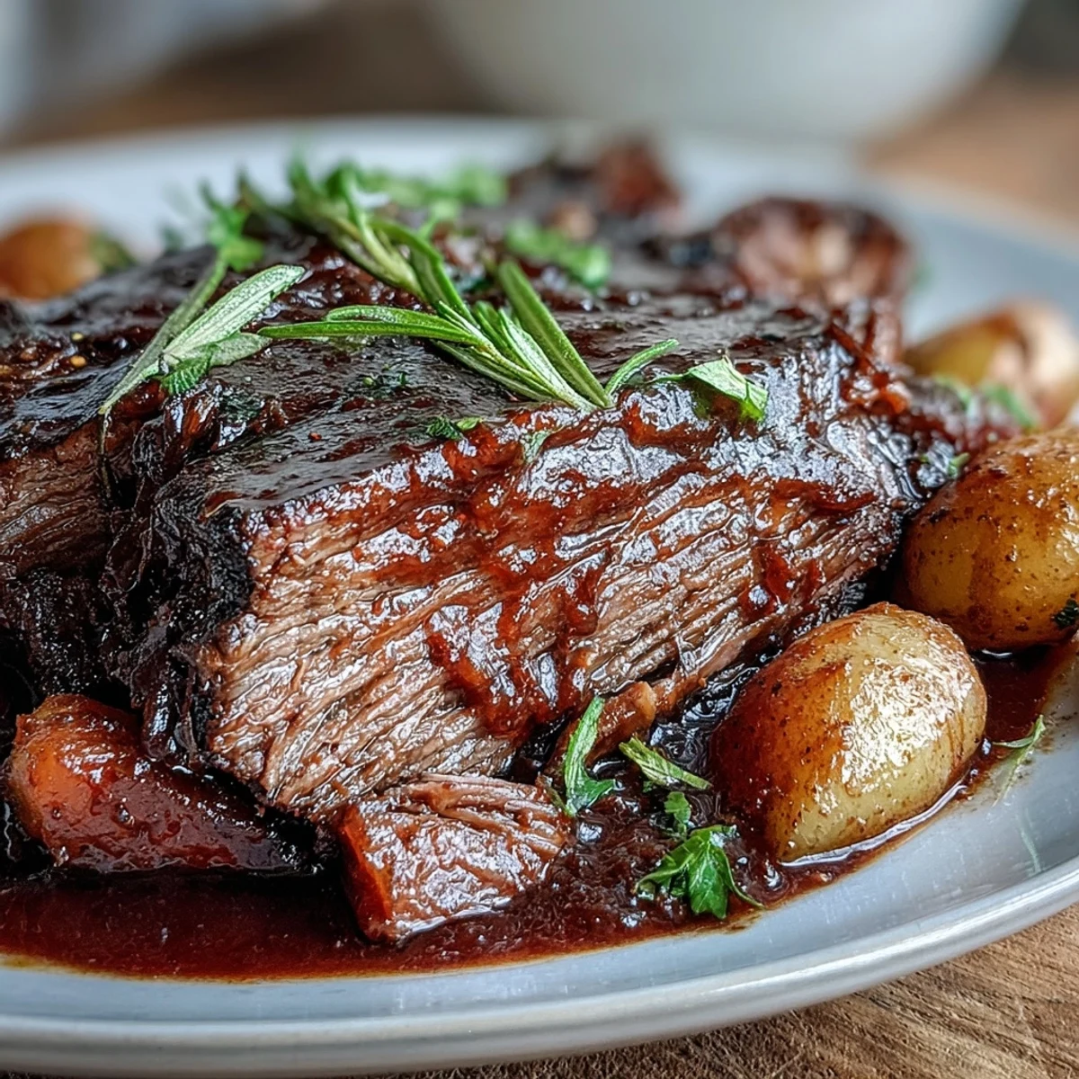 Golden-brown beef pot roast surrounded by tender carrots, celery, and baby potatoes, coated in a rich, glossy red wine gravy.