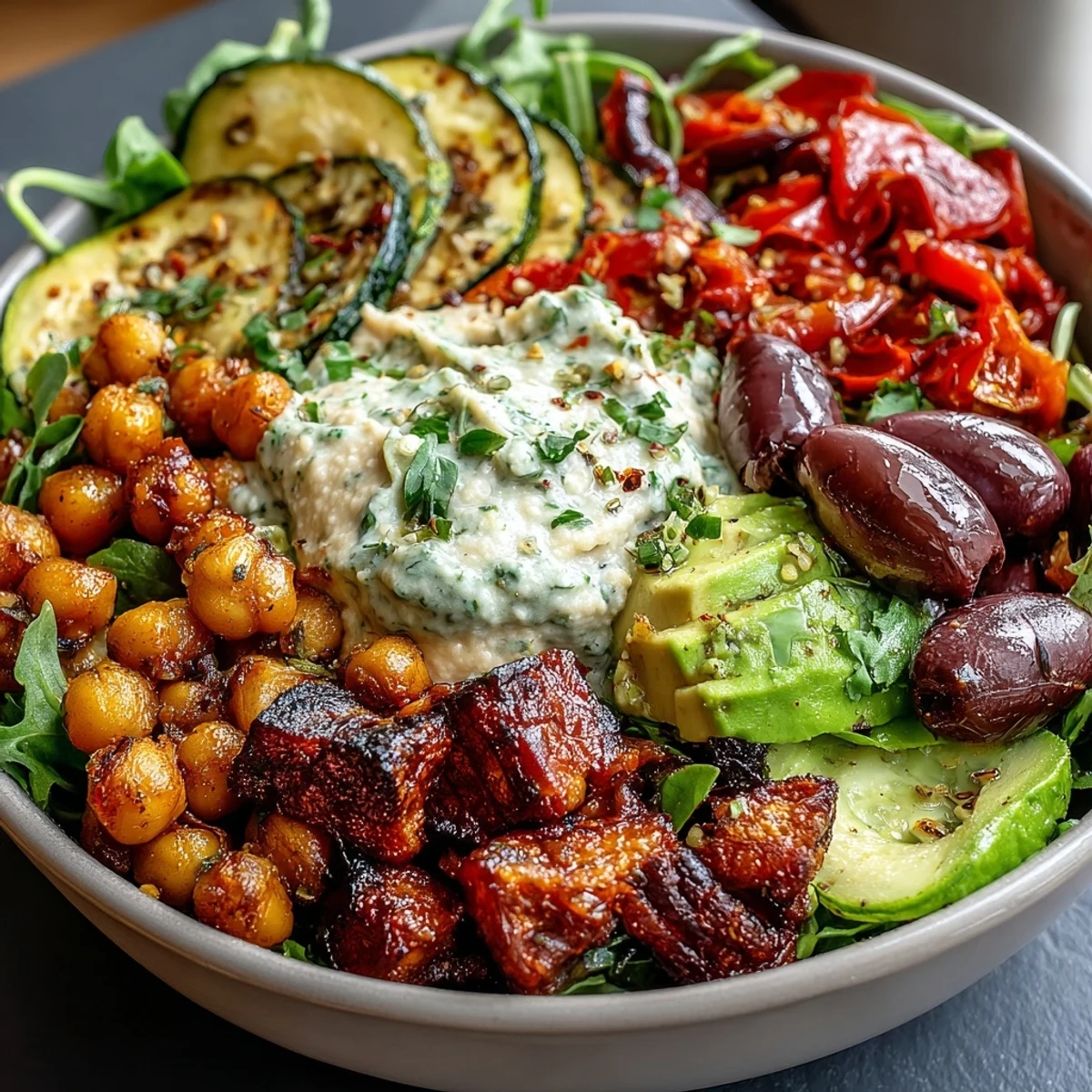 A colorful Vegan Mediterranean Buddha Bowl featuring hummus and chickpeas over fresh salad greens, drizzled with zesty lemon-tahini dressing and red onion.