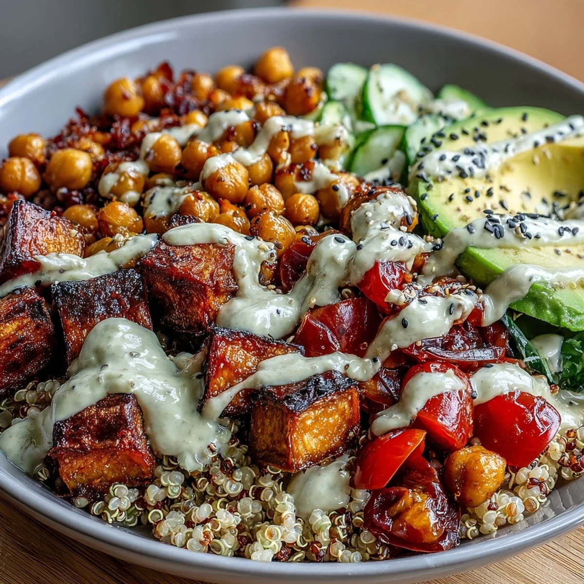 A nourishing Buddha Bowl with Quinoa, Roasted Sweet Potatoes, Crispy Chickpeas, Fresh Veggies & Garlic Tahini Dressing drizzled with creamy dressing, perfect for a healthy meal.