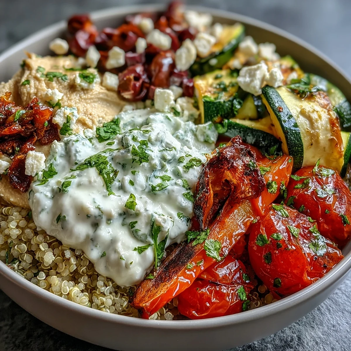 A vibrant Mediterranean Buddha Bowl with roasted vegetables, chickpeas, and creamy hummus topped with feta.