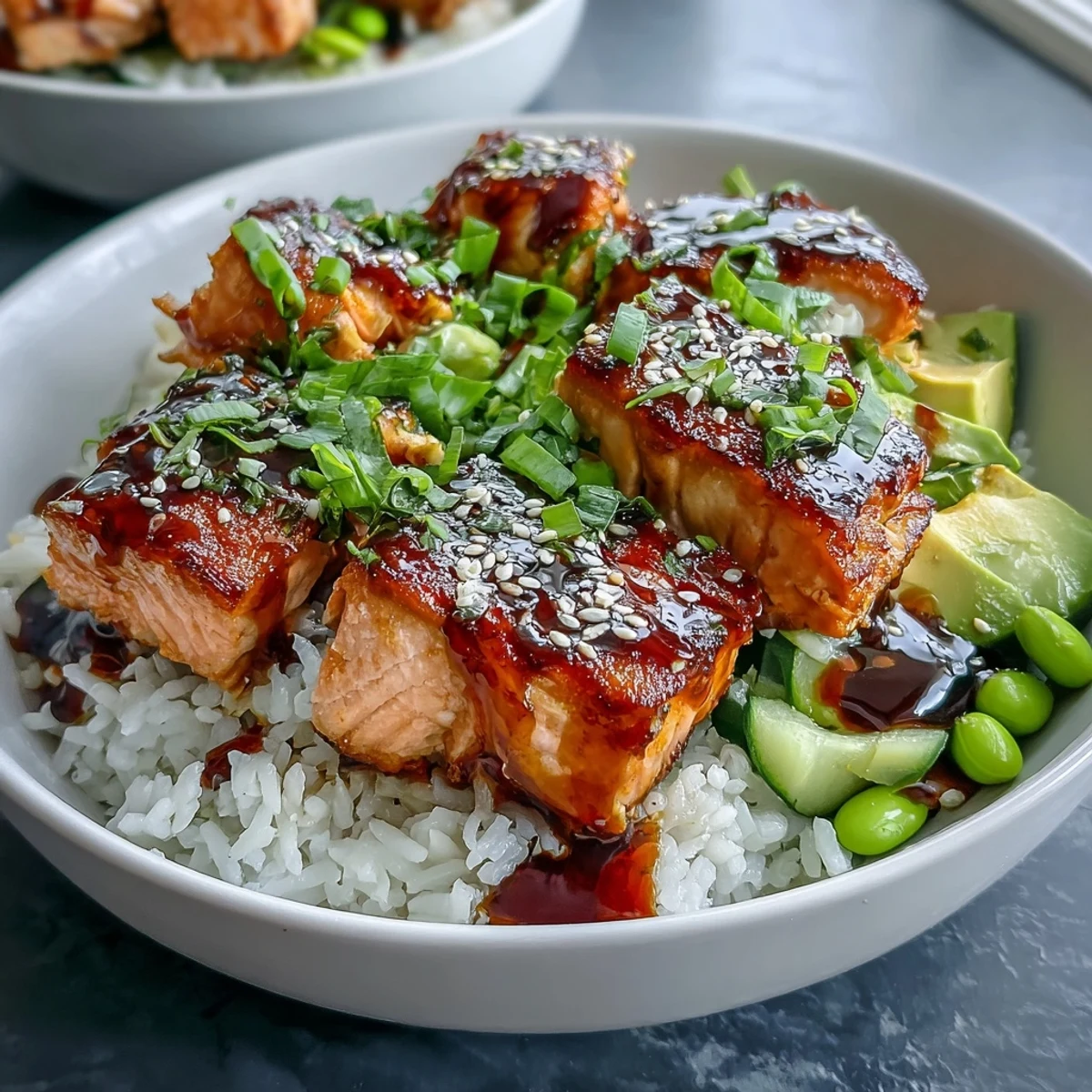 Colorful Baked Salmon Rice Bowl featuring juicy salmon cubes, creamy avocado, and edamame topped with sesame seeds.
