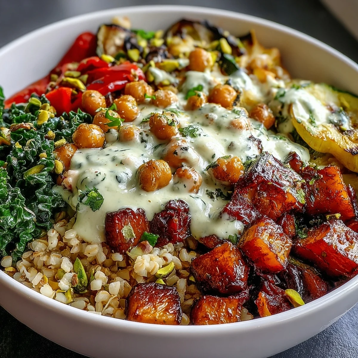Close-up of colorful Mediterranean Buddha Bowl meal prep with zucchini, peppers, and creamy tahini dressing.