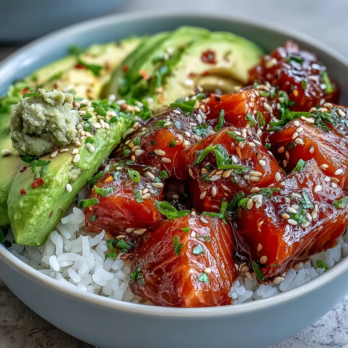A close-up of a vibrant Avocado Salmon Bowl with nori strips, cucumber, and wasabi, ready to serve with lime wedges.