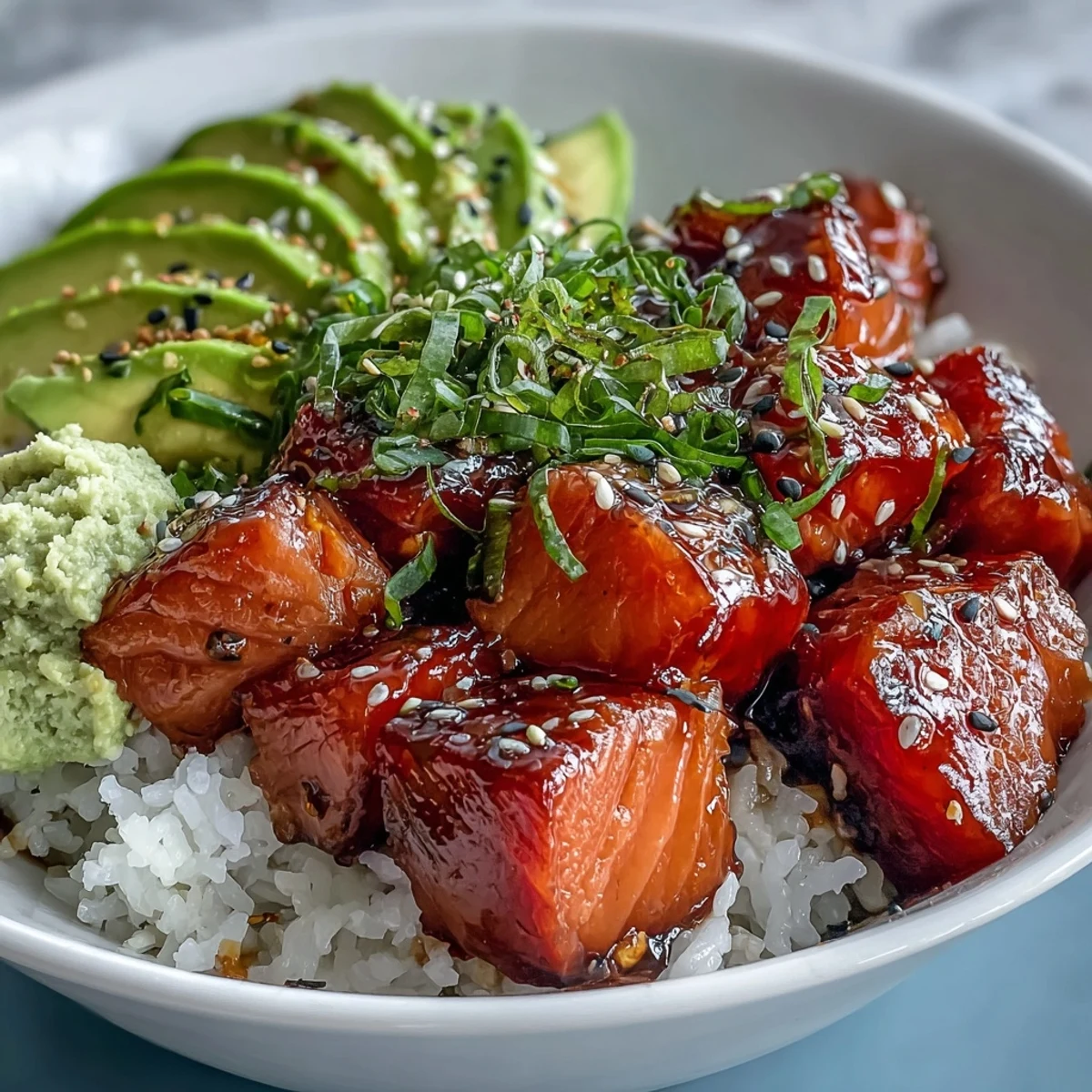 Colorful Avocado Salmon Bowl featuring marinated salmon cubes, sliced avocado, green onions, and sesame seeds over warm rice with chili oil.