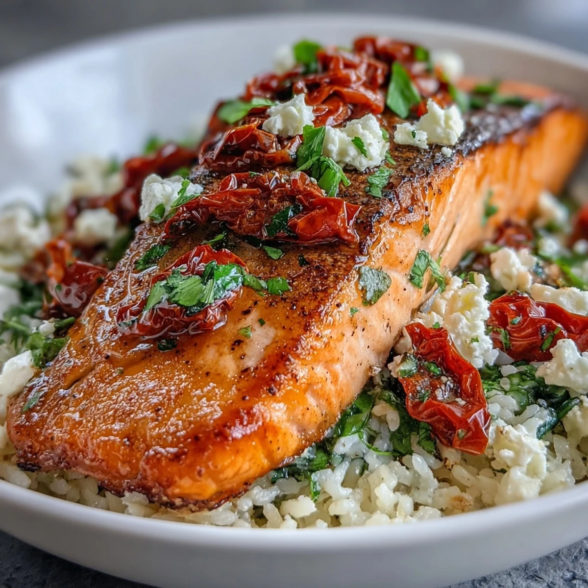 Flaky, pan-seared salmon rests on a bed of crispy rice in this Mediterranean Salmon Bowl, served with lemon wedges.