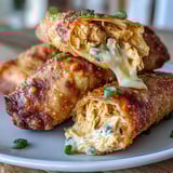 A close-up view shows the crispy fried egg roll wrapper torn open, revealing the melty cheddar cheese and spicy shredded chicken filling inside.