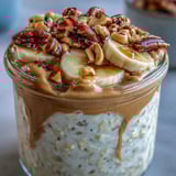 High-Protein Peanut Butter Overnight Oats layered with Greek yogurt and chia seeds, ready to grab and eat.
