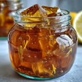 Bright yellow dandelion jelly with lemon zest and honey, perfect for spreading on warm toast or biscuits.