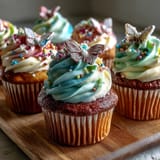 Pastel butterfly buttercream-topped vanilla cupcakes, featuring soft hues and charming edible butterflies for a whimsical spring dessert.