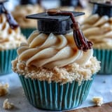 Visually imagine vanilla Graduation Cupcakes topped with luscious frosting and shiny fondant caps.