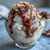 Delicious coconut cold brew coffee float served with a scoop of rich vanilla ice cream.
