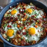 Hearty Father's Day breakfast: loaded hash brown skillet ready to serve.