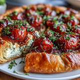 Savory Roasted Cherry Tomato Feta Galette, showcasing sweet tomatoes and creamy cheese.