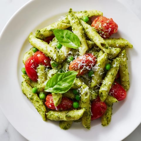 A close-up of vibrant Green Pesto Pasta Salad featuring rotini pasta coated in bright basil pesto, dotted with sweet peas and halved cherry tomatoes.