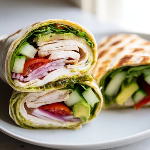 Freshly sliced chimichurri chicken salad wraps are arranged on a wooden board with vibrant greens and herbs.