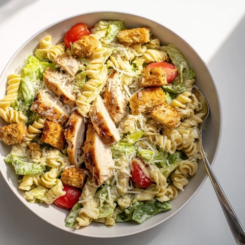 Brightly colored bowl of Caesar Pasta Chicken Bowl with grilled chicken strips, al dente rotini, crisp romaine, and creamy dressing.  