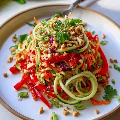 Freshly spiralized zucchini and carrots for Raw Vegetable Noodle Salad tossed in a zesty sesame-ginger dressing.