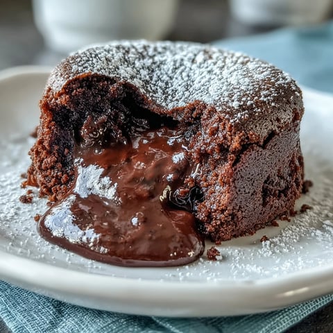 Four ramekins of warm Chocolate Lava Cakes with Espresso show a rich molten chocolate center spilling onto the plate.