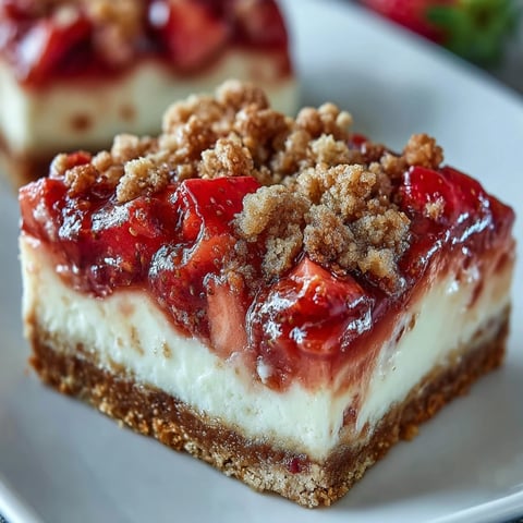 Freshly baked Strawberry Cheesecake Bars with a golden cinnamon streusel topping and vibrant red berry compote on a rustic wooden board.