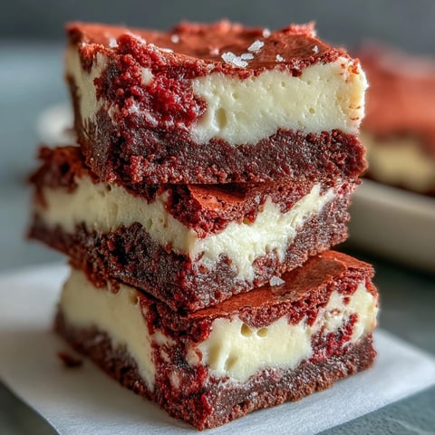 A square of red velvet cheesecake brownies shows maroon and white swirls in a rich, fudgy texture.  