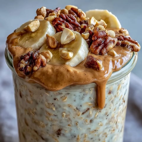 Overnight oats in a glass jar, creamy with peanut butter and topped with sliced bananas and fresh berries.