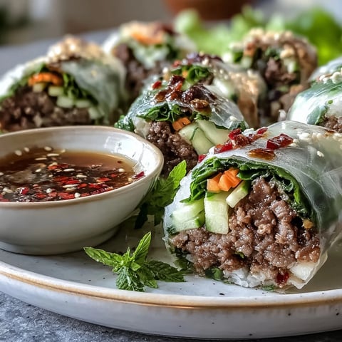Thai Basil Beef Rolls filled with savory ground beef, crisp vegetables, fresh herbs, and rice noodles, served with a spicy dipping sauce on the side.