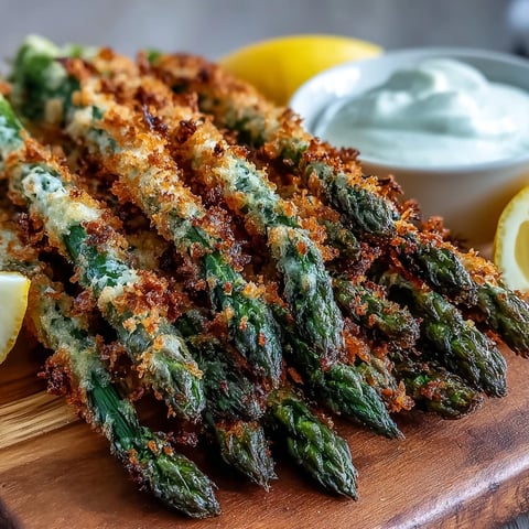 Golden-baked Crispy Asparagus Asiago Spears with a crunchy panko crust are served hot with fresh lemon wedges on the side.
