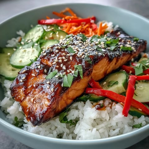 Golden-baked soy-ginger glazed salmon resting on fluffy white rice with bright julienned vegetables and sesame seeds.