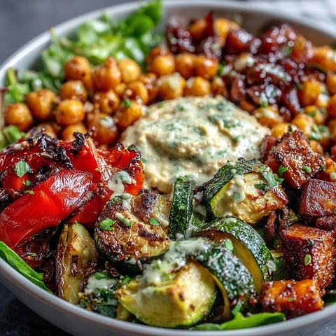 Vegan Mediterranean Buddha Bowl with roasted zucchini, bell pepper, and eggplant, topped with creamy avocado and Kalamata olives on mixed greens.