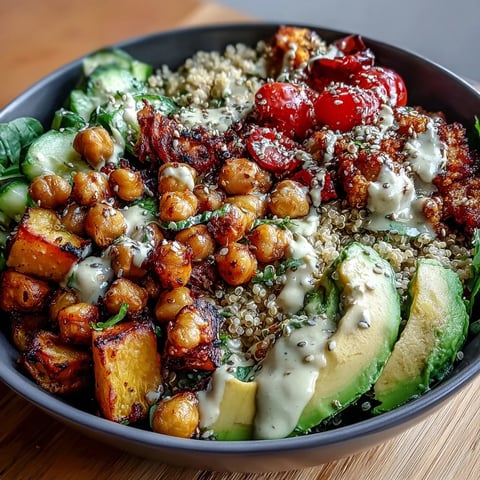 Vibrant Buddha Bowl with Quinoa, Roasted Sweet Potatoes, Crispy Chickpeas, Fresh Veggies & Garlic Tahini Dressing topped with creamy avocado slices.