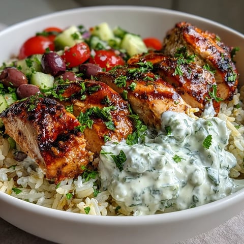 Freshly grilled Greek Chicken Bowl with juicy sliced meat, herbed rice, a vibrant tomato-cucumber salad, and creamy tzatziki sauce.
