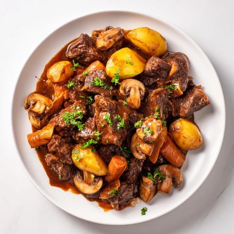 Close-up of a steaming bowl of Earthy Beef Stew, topped with parsley, ready to eat alongside bread.
