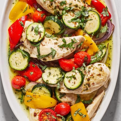 A colorful, close-up shot of perfectly cooked Basil-Soft Chicken and Veggie Sheet Pan Dinner, vibrant and flavorful.