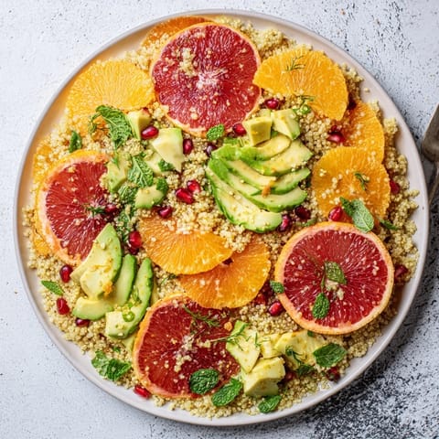 A close-up of a vibrantly plated fresh citrus & avocado quinoa bowl, showcasing citrus and avocado slices.